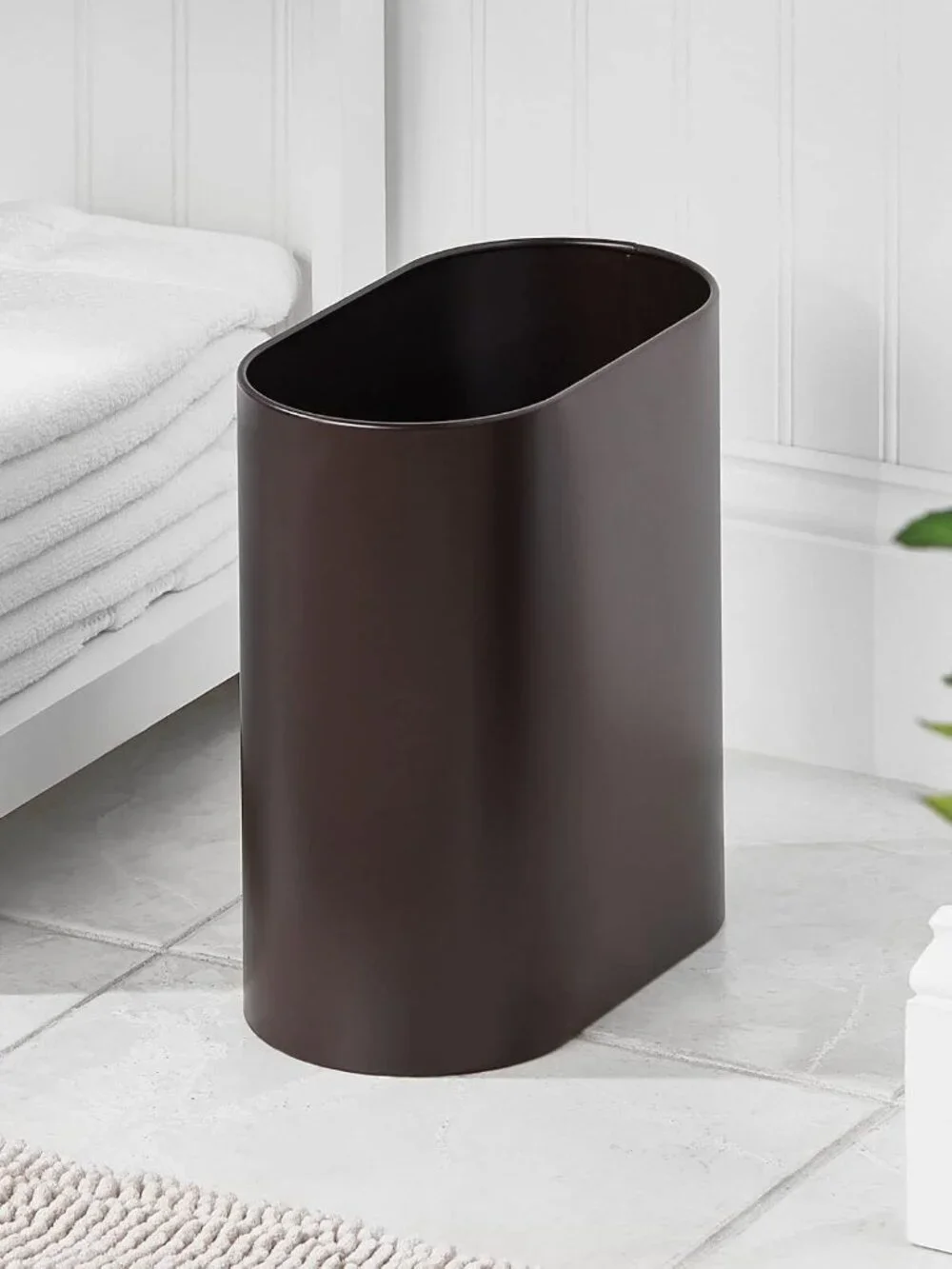 Brown Metal Oval Trash Can, Slim Garbage Bin for Bathroom, Bedroom, Powder Room
